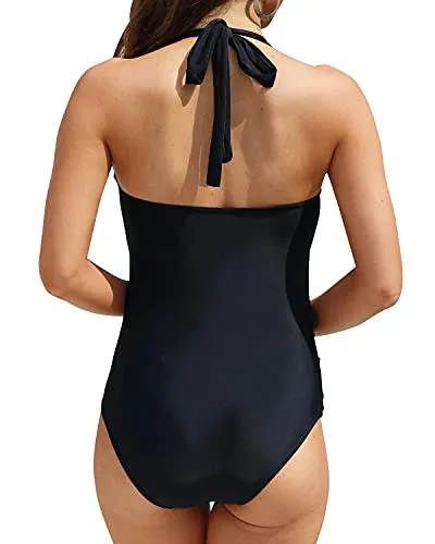 Adjustable Self-Tie Halter Neck Padded One Piece Swim Suit-Black