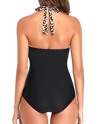 Adjustable Self-Tie Halter Neck Tummy Control Swimsuits For Women-Black And Leopard
