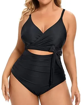 Adjustable Spaghetti Straps Backless Plus Size One Piece Swimsuits-Black
