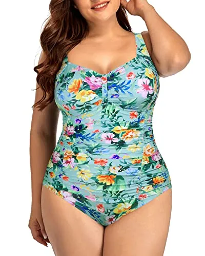 Adjustable Strap Backless One Piece Swimsuits For Plus Size Women-Mint Flowers
