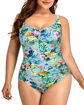 Adjustable Strap Backless One Piece Swimsuits For Plus Size Women-Mint Flowers
