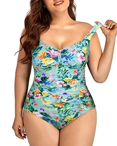 Adjustable Strap Backless One Piece Swimsuits For Plus Size Women-Mint Flowers
