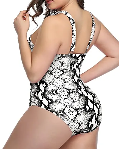 Adjustable Strap Front Cross Tummy Control One Piece Swimsuits-Black And White Snake Print
