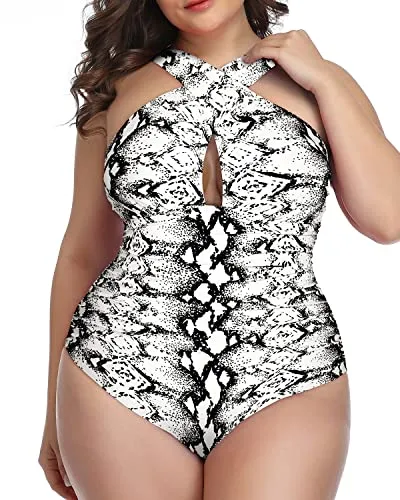 Adjustable Strap Front Cross Tummy Control One Piece Swimsuits-Black And White Snake Print