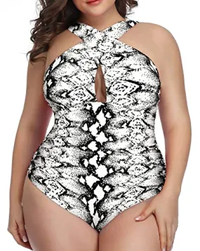 Adjustable Strap Front Cross Tummy Control One Piece Swimsuits-Black And White Snake Print