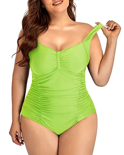 Adjustable Strap Push Up Plus Size Swimsuit-Neon Green