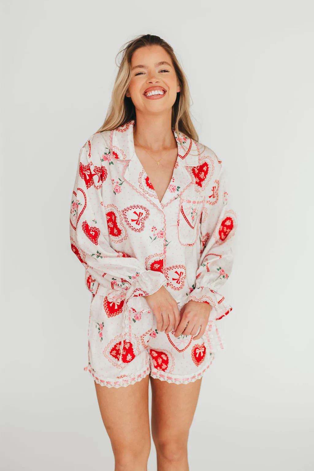 Amora Satin Pajama Set in White/Light Pink/Red