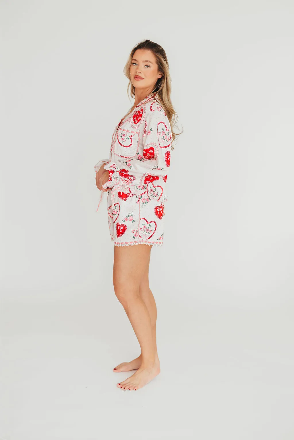 Amora Satin Pajama Set in White/Light Pink/Red