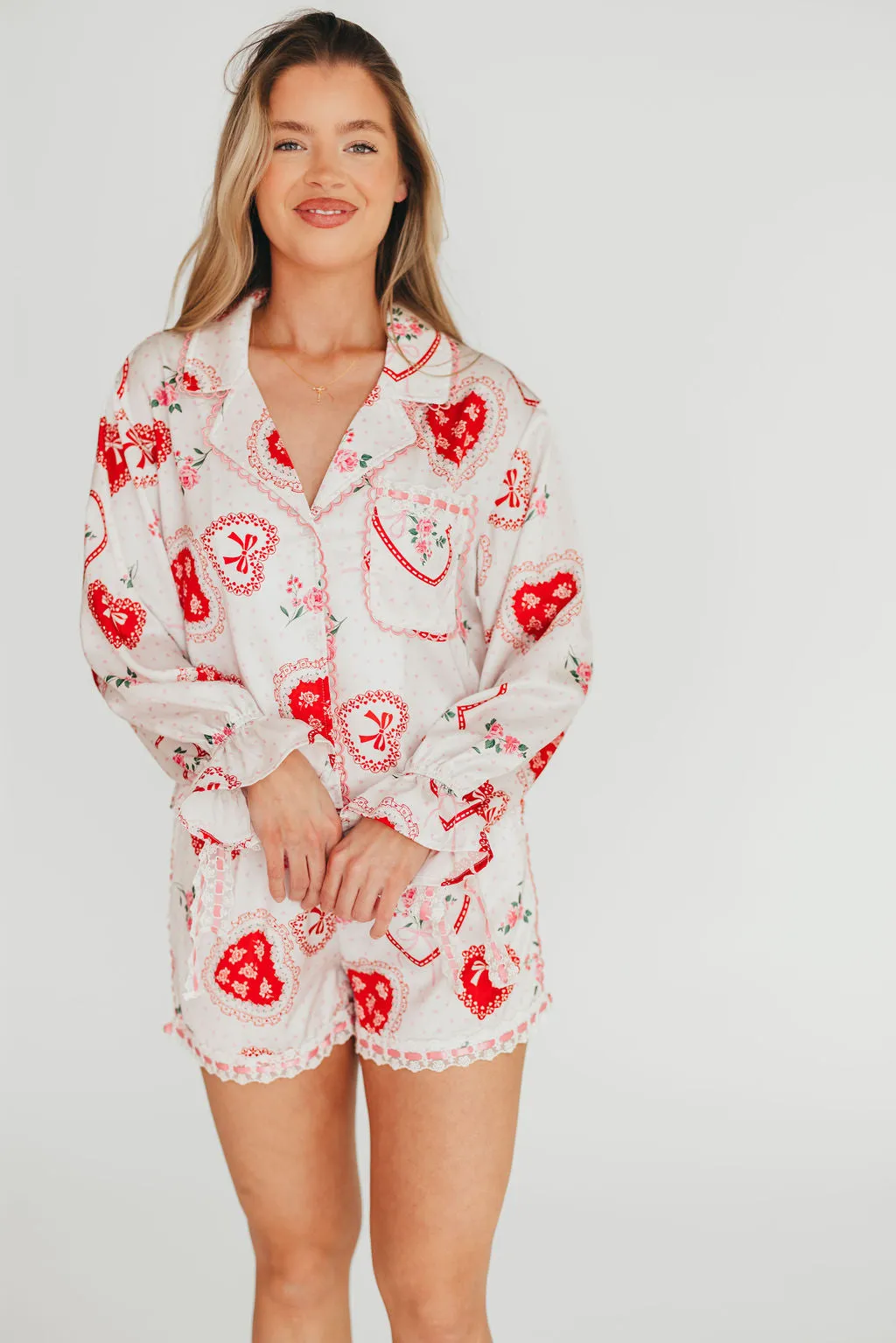 Amora Satin Pajama Set in White/Light Pink/Red