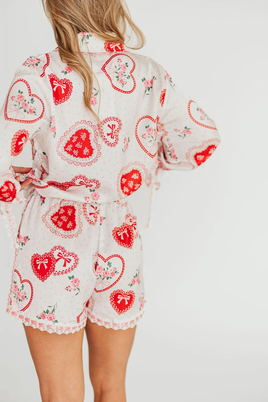 Amora Satin Pajama Set in White/Light Pink/Red