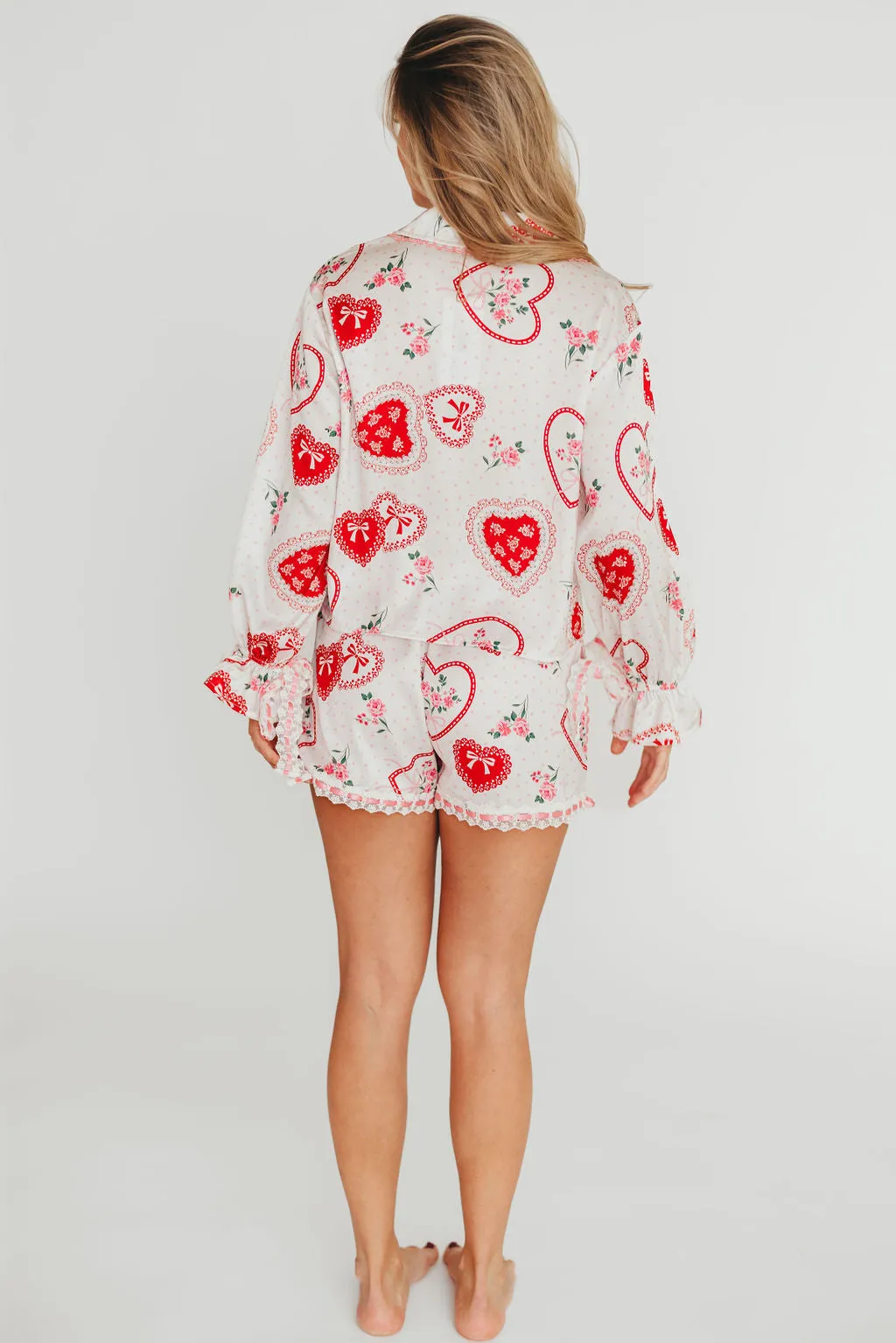 Amora Satin Pajama Set in White/Light Pink/Red