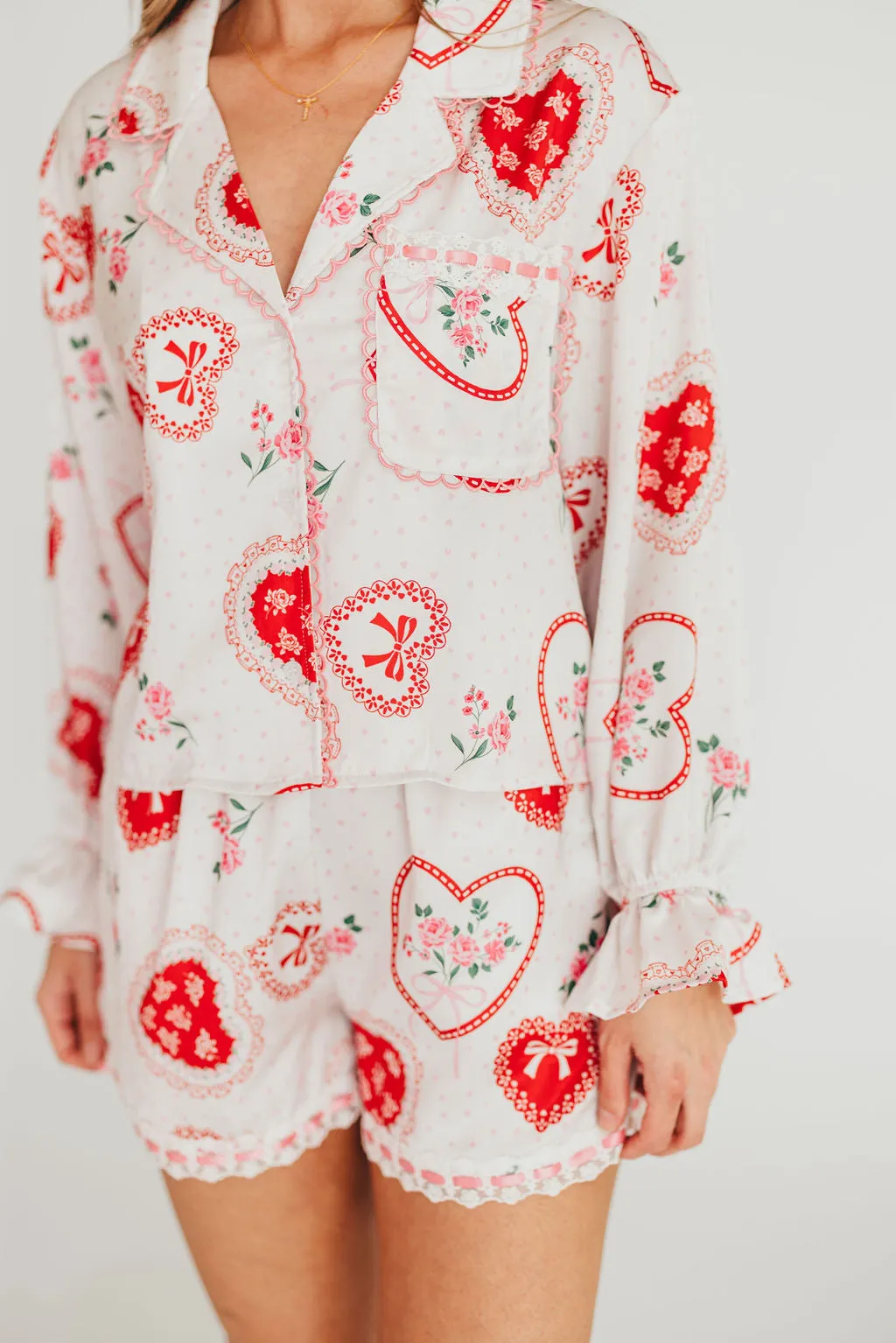 Amora Satin Pajama Set in White/Light Pink/Red