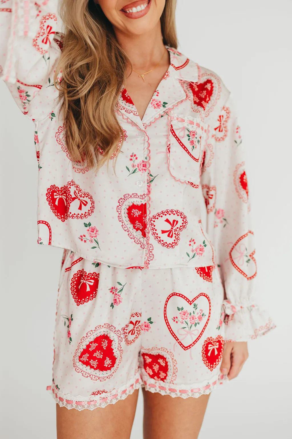 Amora Satin Pajama Set in White/Light Pink/Red