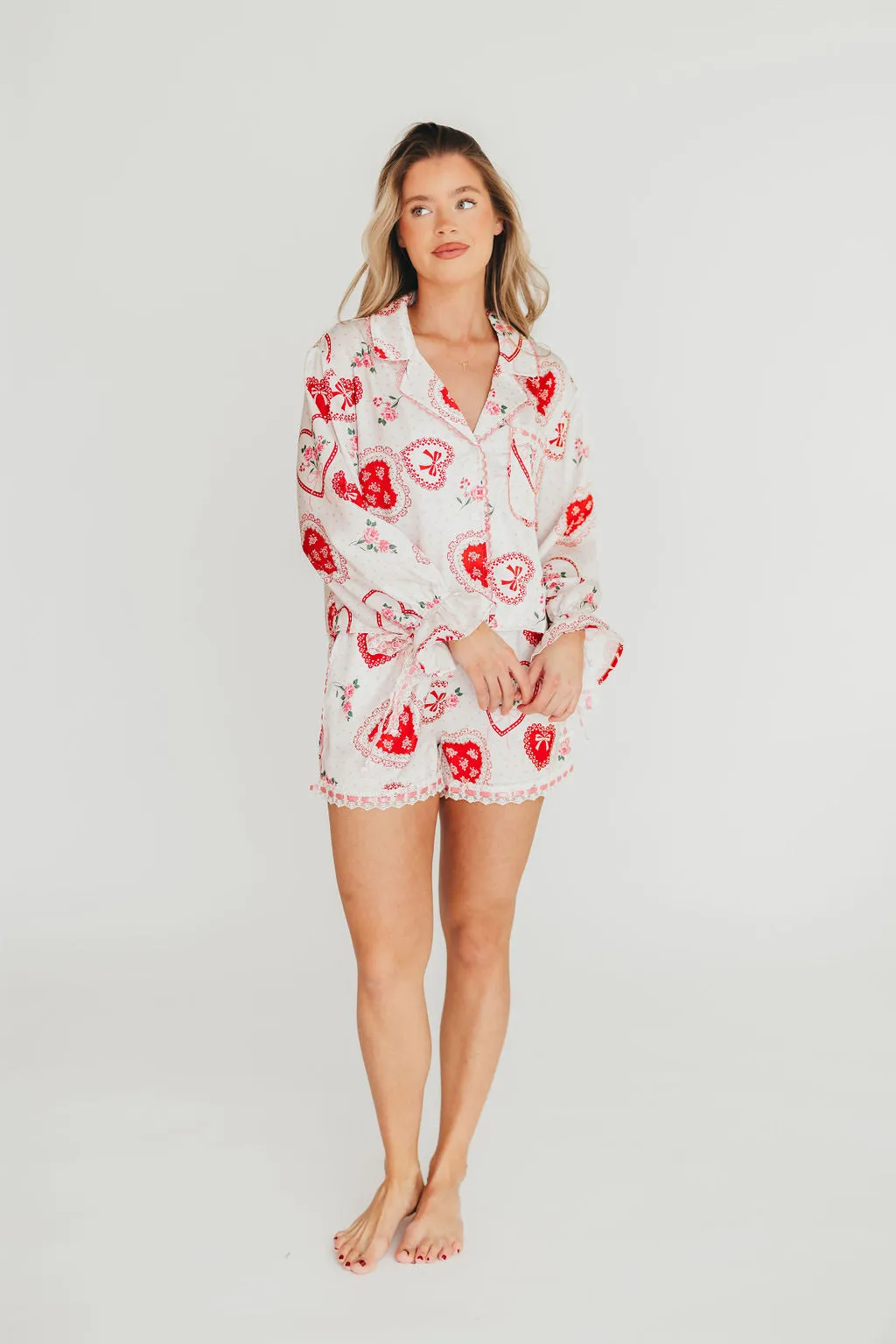 Amora Satin Pajama Set in White/Light Pink/Red