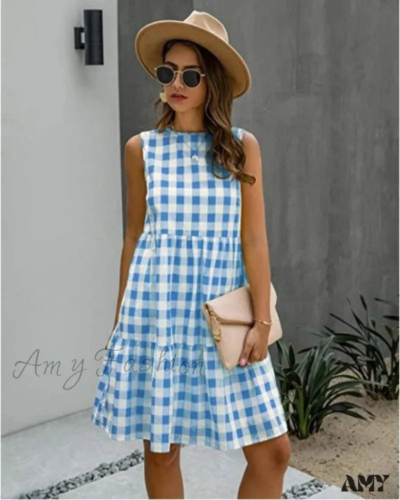 Amy Fashion - Casual Loose Plaid Print Ruffled Midi Dress