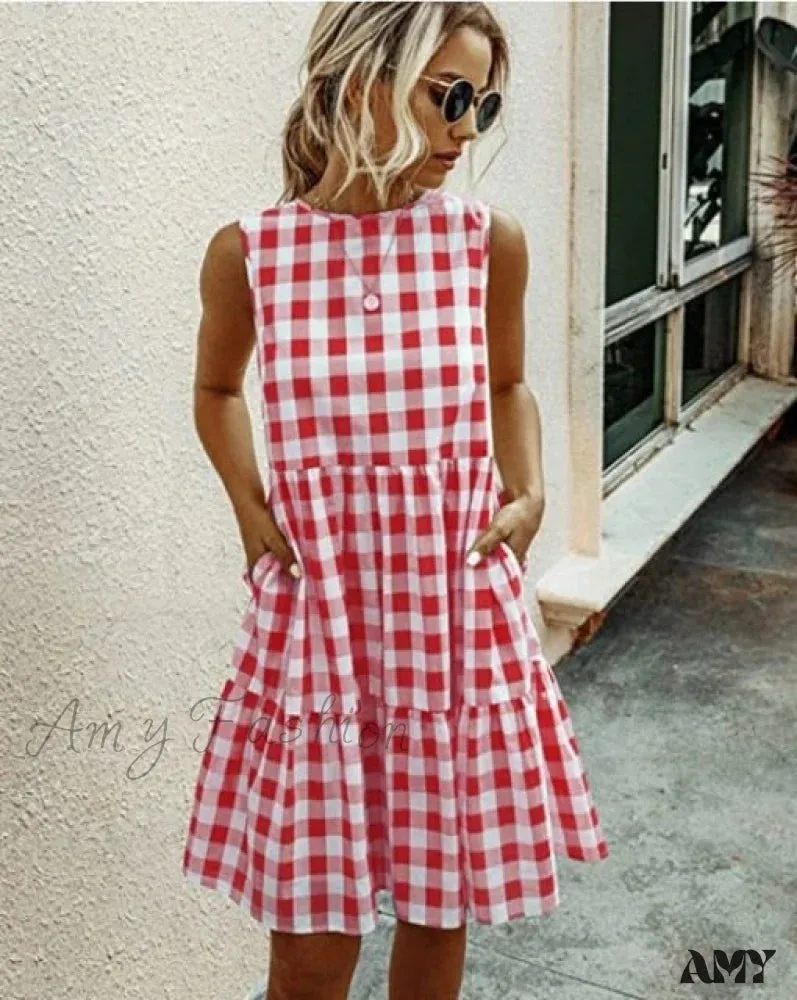 Amy Fashion - Casual Loose Plaid Print Ruffled Midi Dress