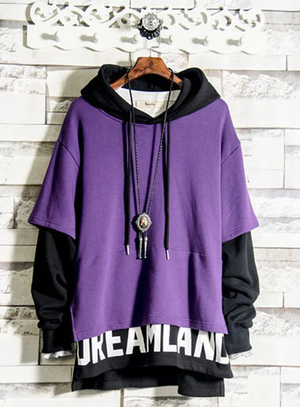 Autumn new  stitching hoodie men's loose sweatshirt large size trend sweater  two coat look