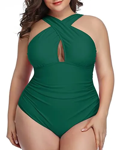 Backless Plus Size Swimwear One Piece Adjustable Straps-Emerald Green