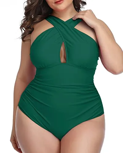 Backless Plus Size Swimwear One Piece Adjustable Straps-Emerald Green