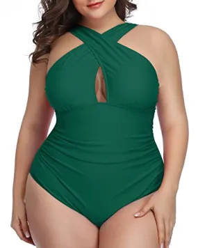 Backless Plus Size Swimwear One Piece Adjustable Straps-Emerald Green