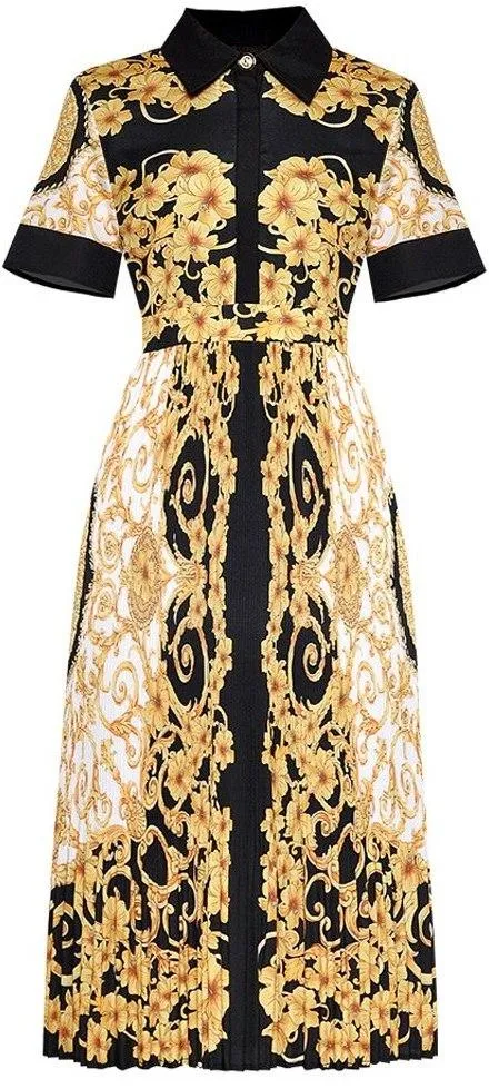 Baroque Printed Short-Sleeve Midi Dress