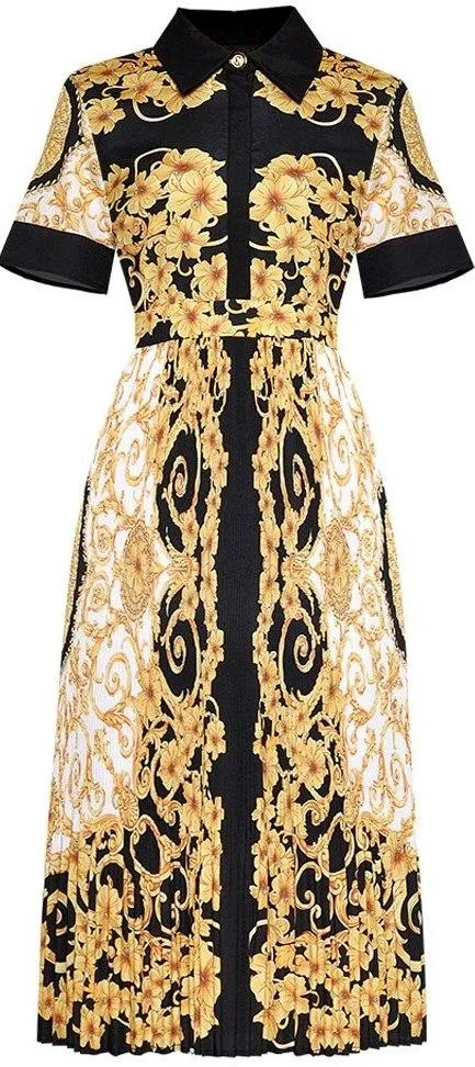 Baroque Printed Short-Sleeve Midi Dress