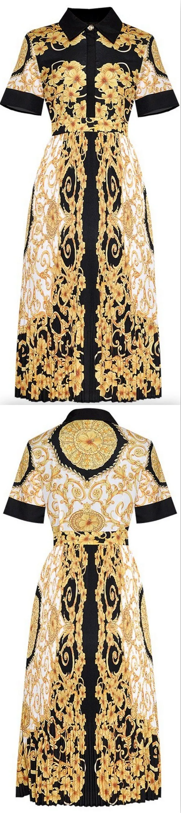 Baroque Printed Short-Sleeve Midi Dress