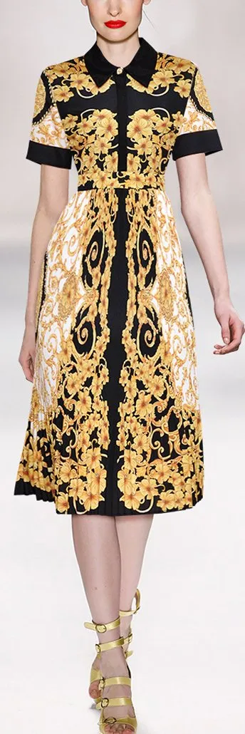Baroque Printed Short-Sleeve Midi Dress