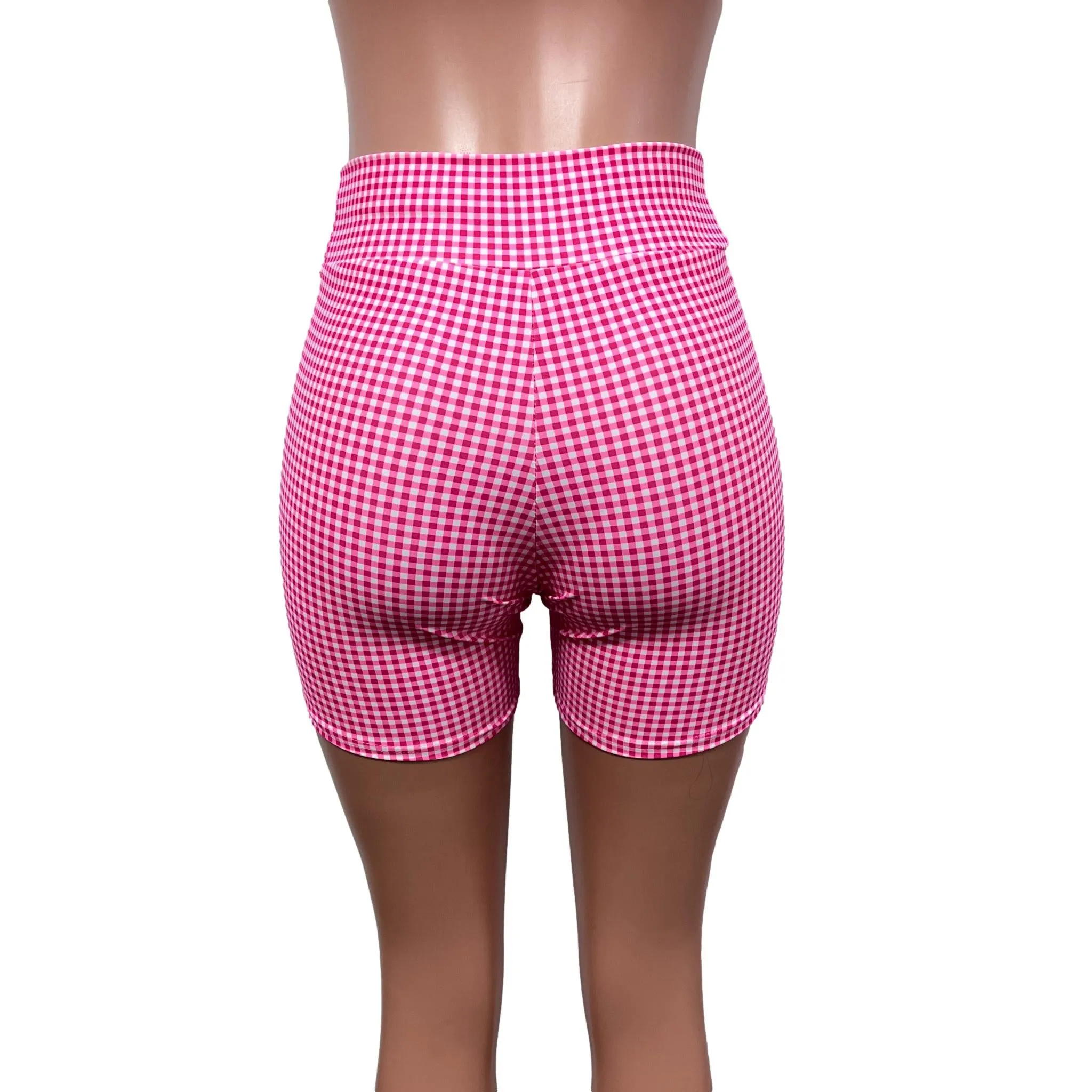 Biker Shorts in Pink Gingham Checkered Plaid Barbie Spandex - Choose Low, Mid, or High-Waist.
