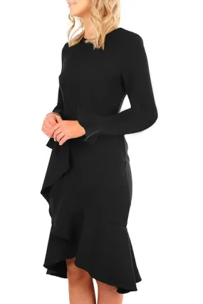 Black Delicate Ruffle Accent Bell Sleeve Midi Dress