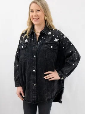 Black Denim Jacket with Pearl and Star Details
