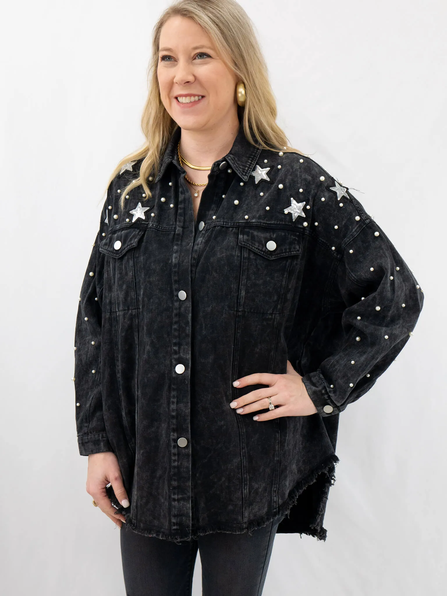 Black Denim Jacket with Pearl and Star Details
