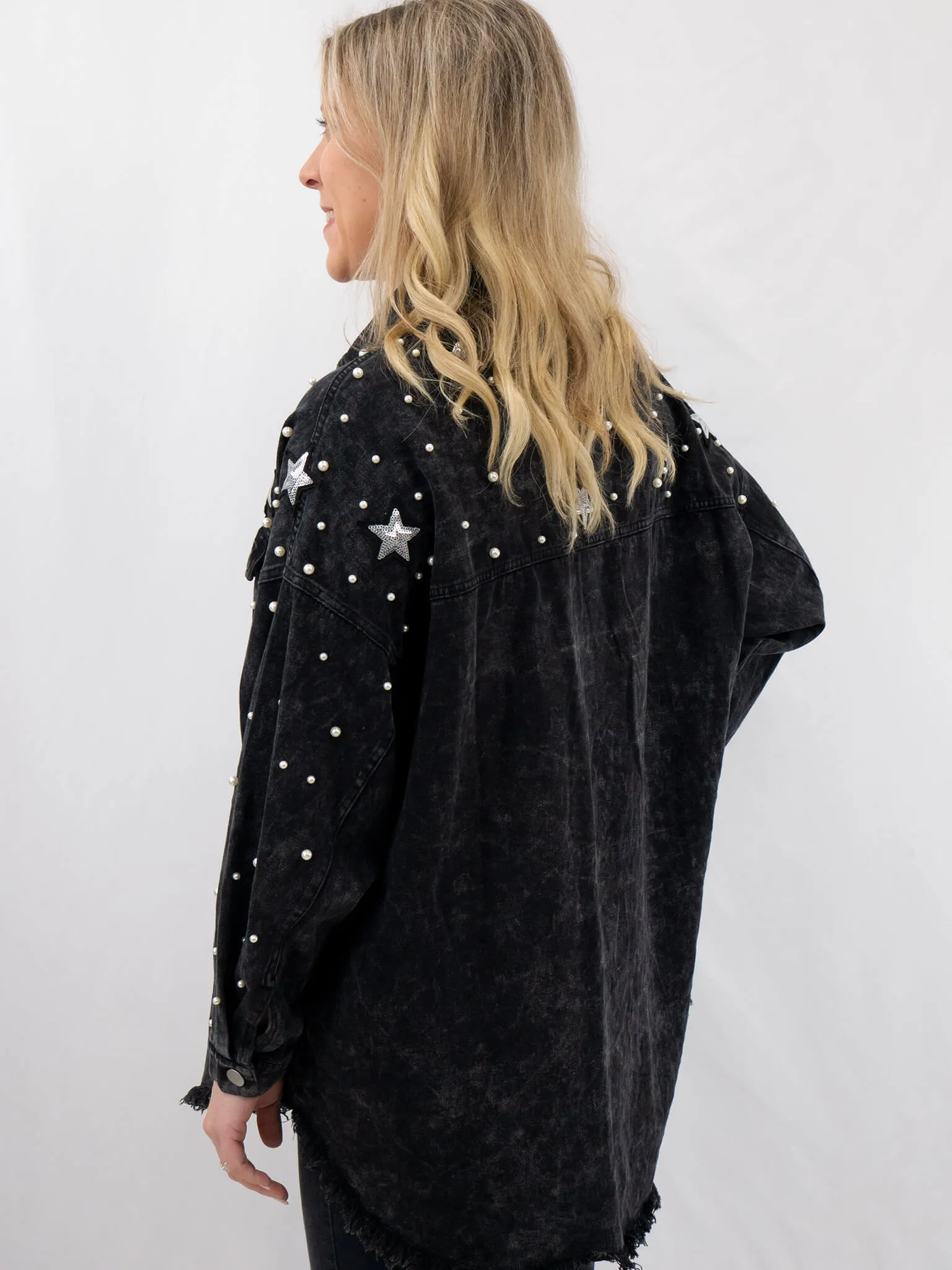Black Denim Jacket with Pearl and Star Details