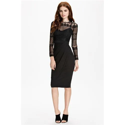 Black Lace Splice Pleated Women Midi Dress