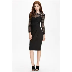 Black Lace Splice Pleated Women Midi Dress