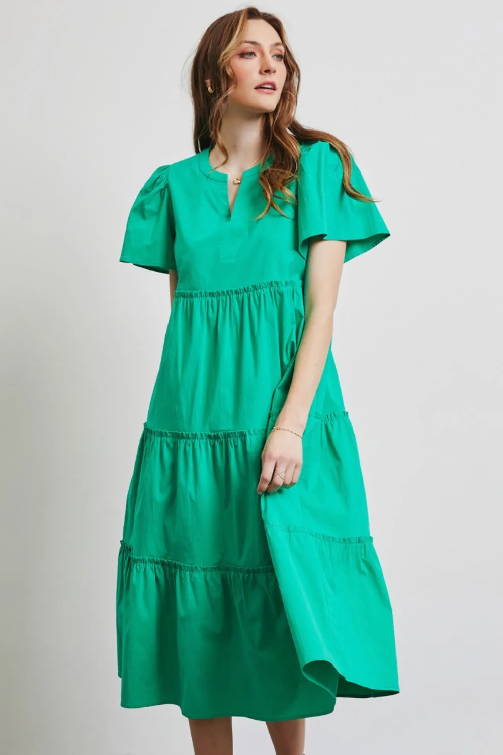 Blue Zone Planet |  HEYSON Full Size Cotton Poplin Ruffled Tiered Midi Dress