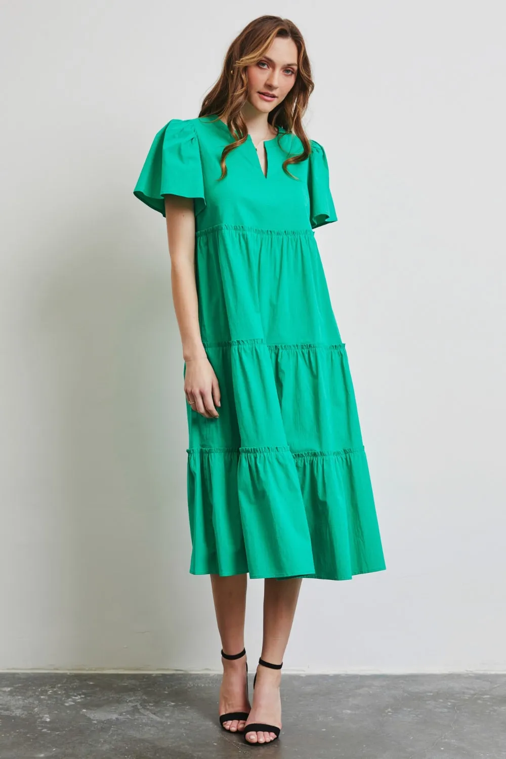 Blue Zone Planet |  HEYSON Full Size Cotton Poplin Ruffled Tiered Midi Dress