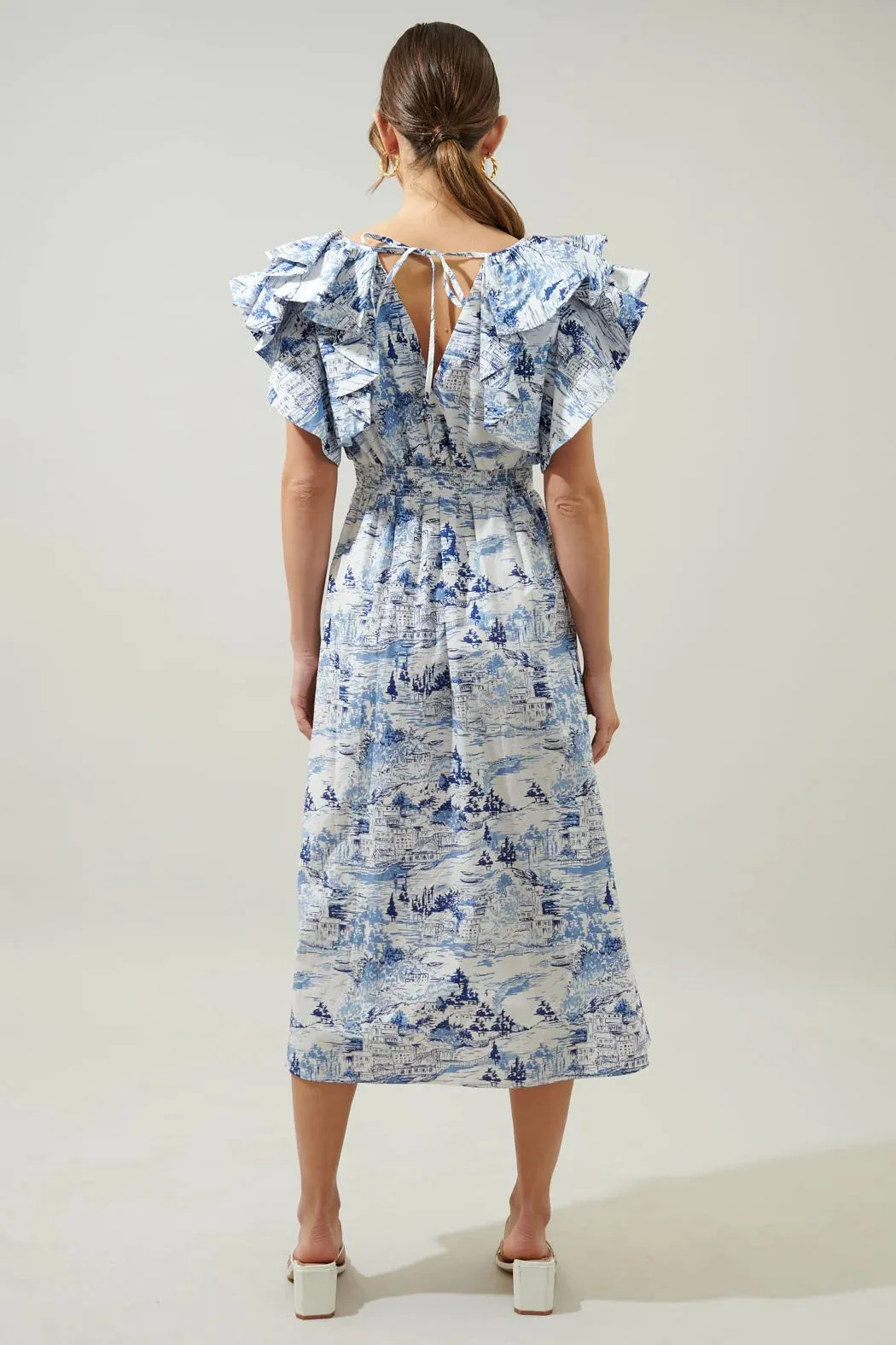 Blue/White Toile Ruffle Slv Midi Dress