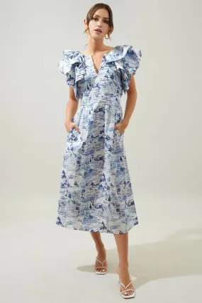Blue/White Toile Ruffle Slv Midi Dress