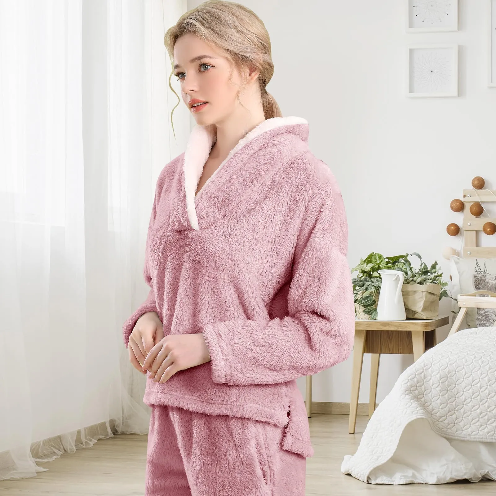 BOSECETA Fluffy Pajamas Set for Women Soft Comfy Fleece Pjs Pullover Pants Loose Plush Sleepwear Fuzzy Loungewear for Winter (Pink, Medium)