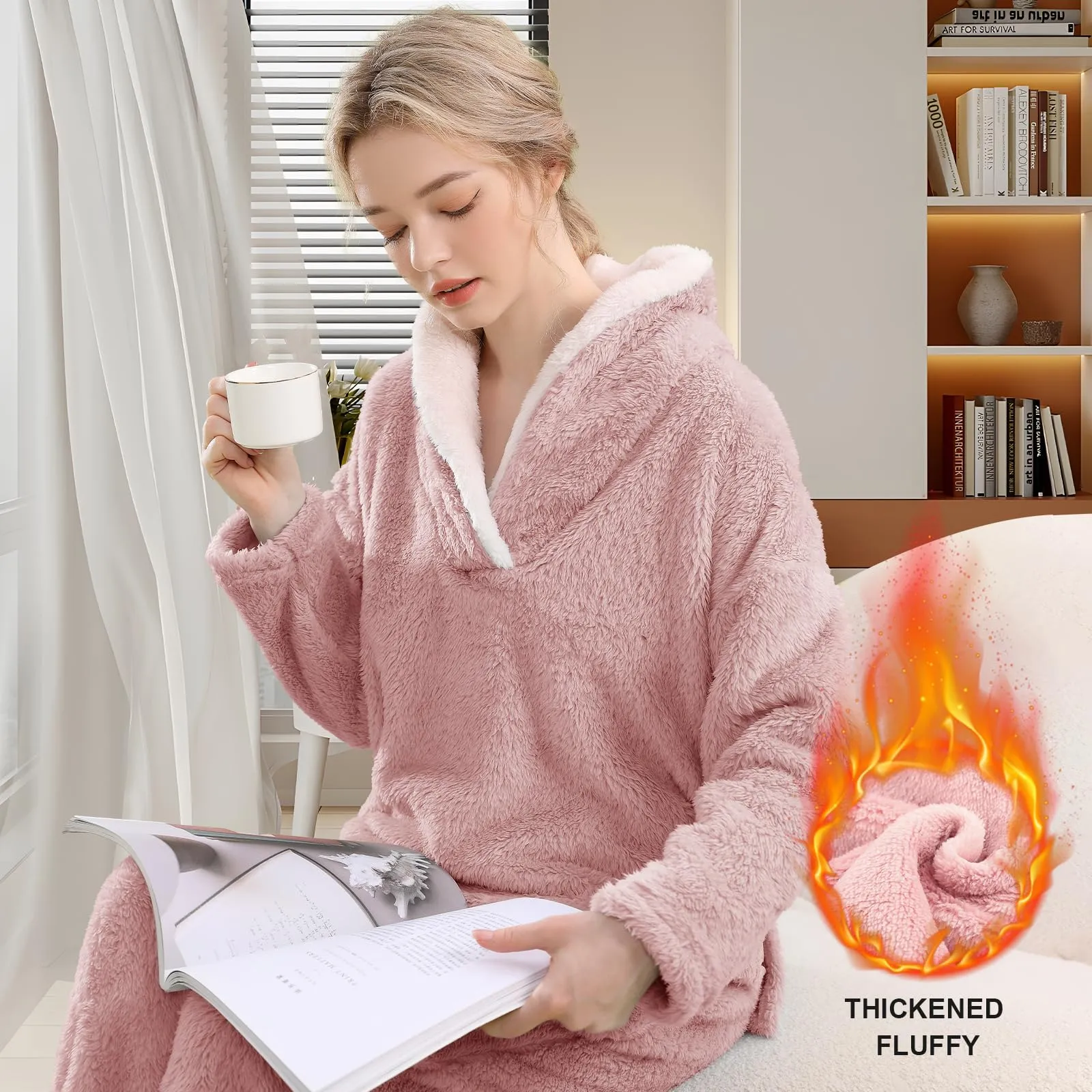 BOSECETA Fluffy Pajamas Set for Women Soft Comfy Fleece Pjs Pullover Pants Loose Plush Sleepwear Fuzzy Loungewear for Winter (Pink, Medium)