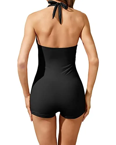 Boyleg Tummy Control Swimwear Retro One Piece Swimsuits-Black And White Stripe