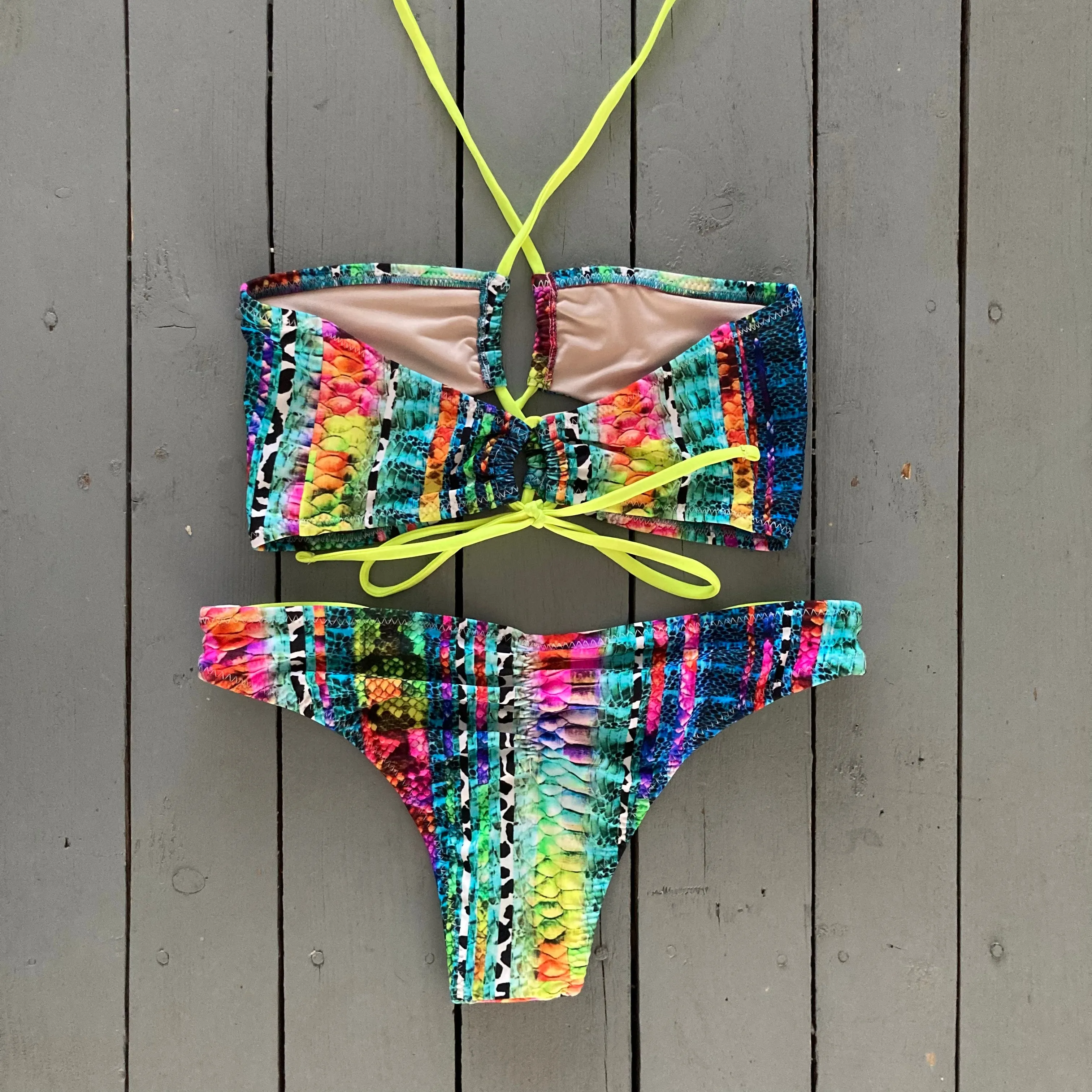 Bright Snakeskin Sexy Lace-Up Adjustable Bandeau Bikini Top