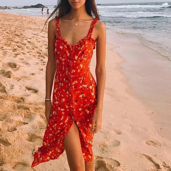Casual Corset Red Fleur Floral Ruffle Strap Button Up Floral Dress