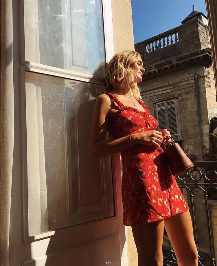 Casual Corset Red Fleur Floral Ruffle Strap Button Up Floral Dress