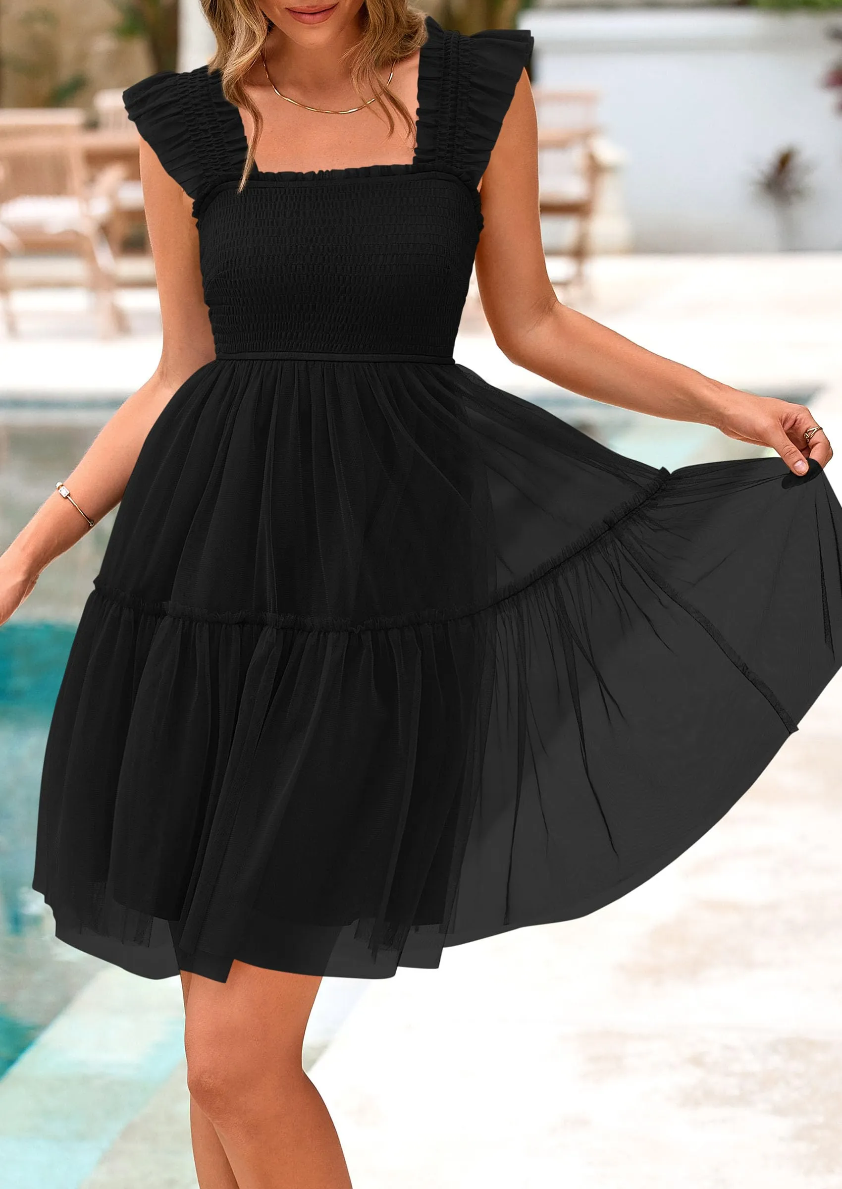 Casual Sleeveless Tulle Ruffle Square Neck Tiered Smocked Wedding Guest Mini Dresses