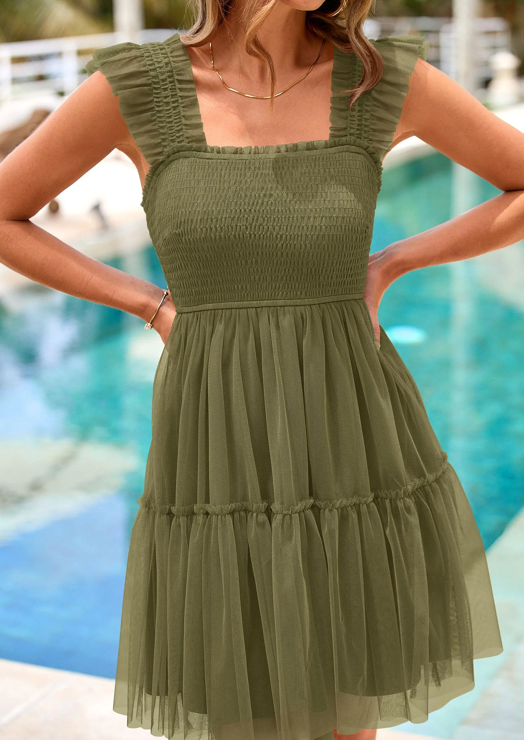 Casual Sleeveless Tulle Ruffle Square Neck Tiered Smocked Wedding Guest Mini Dresses