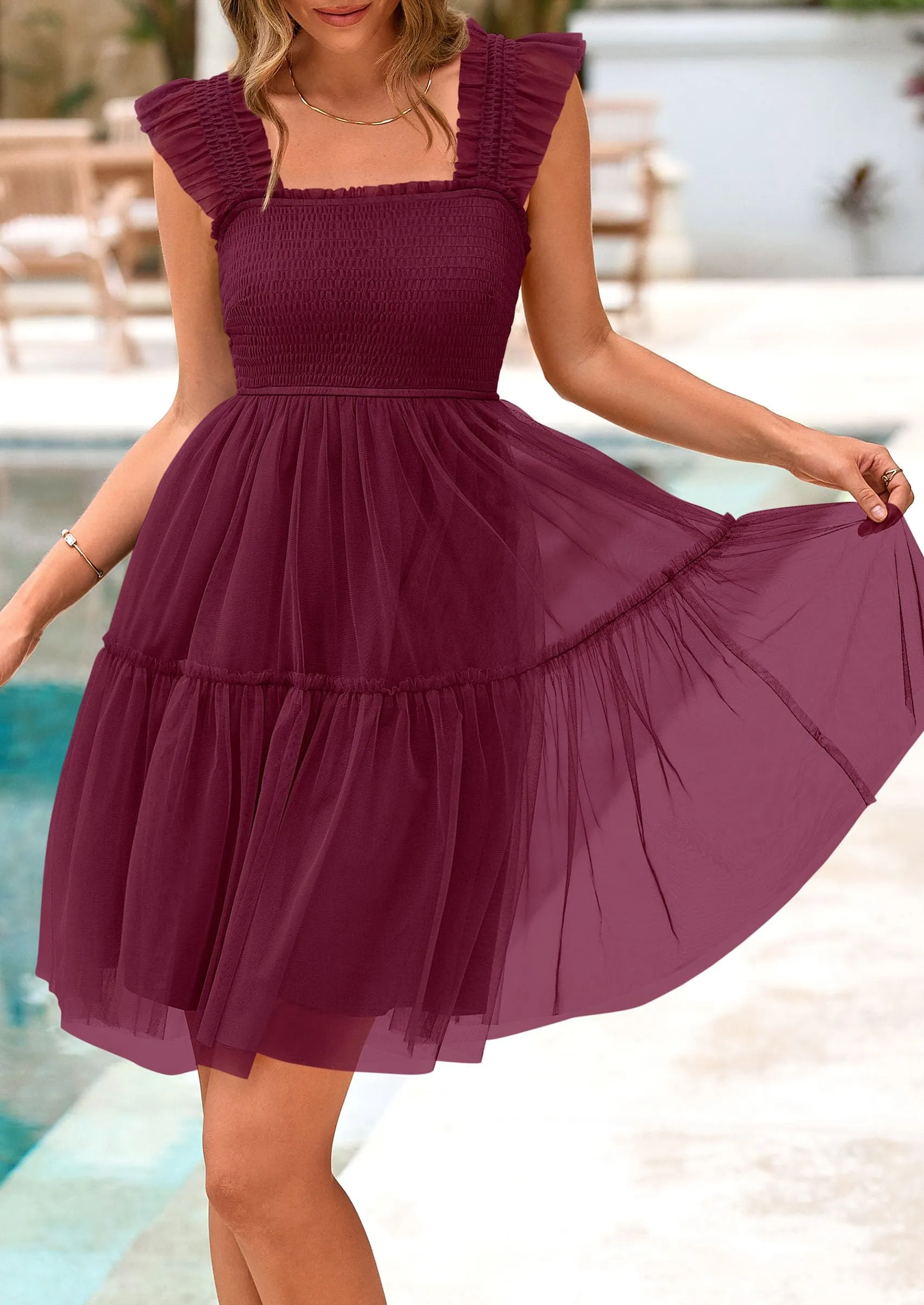 Casual Sleeveless Tulle Ruffle Square Neck Tiered Smocked Wedding Guest Mini Dresses