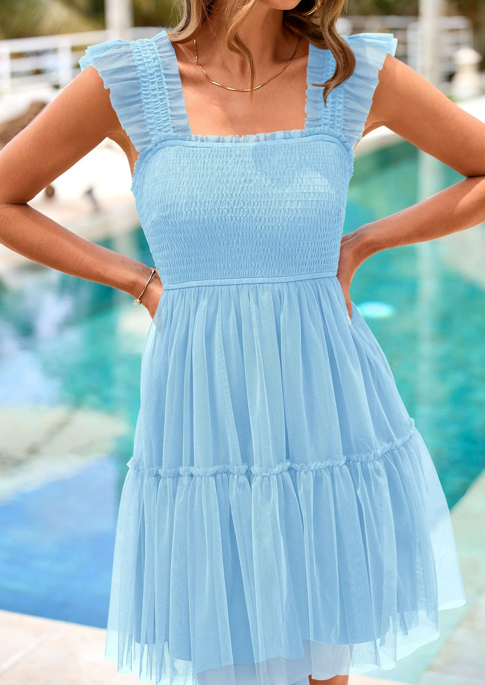 Casual Sleeveless Tulle Ruffle Square Neck Tiered Smocked Wedding Guest Mini Dresses