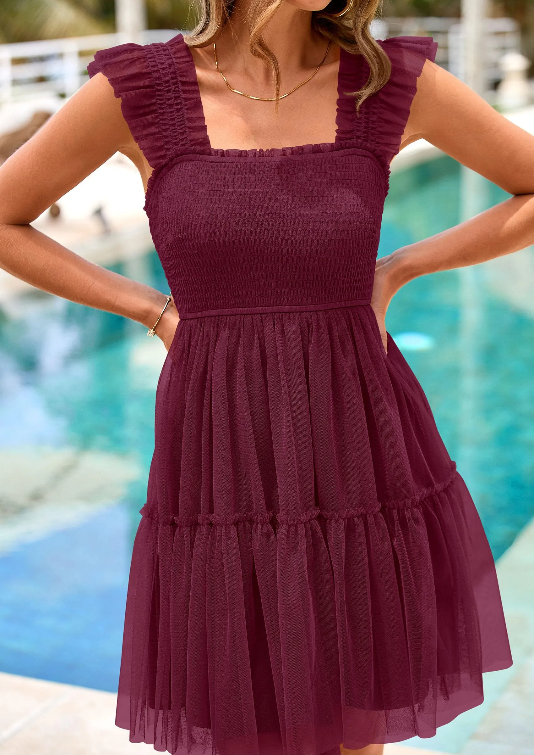 Casual Sleeveless Tulle Ruffle Square Neck Tiered Smocked Wedding Guest Mini Dresses